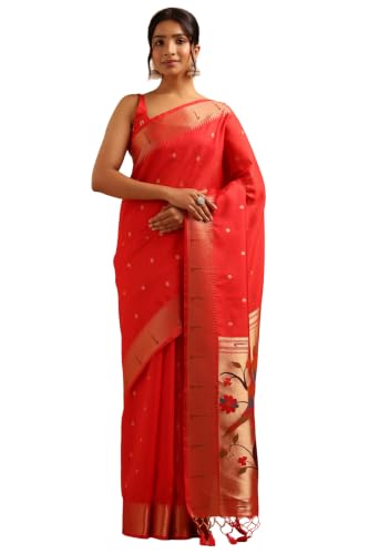 Soch Womens Red Tussar Woven Design Zari Woven Bird Motifs Saree