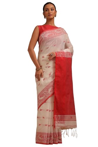 Soch Womens White Cotton Woven Design Saree