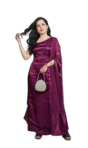 Plus Size Evening Gown, Plum Purple Organza Silk Dress with Sheer Dupatta