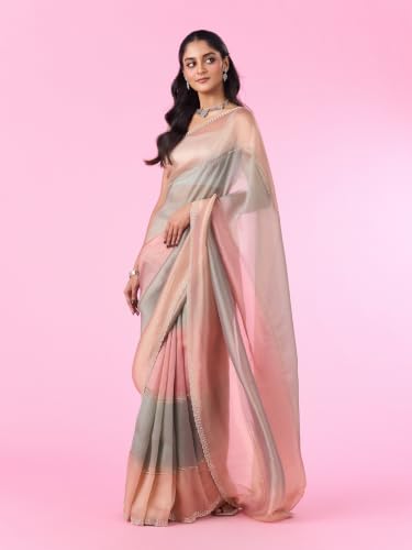 MOHEY Women's Organza Cutdana Work & Embellished Saree with Blouse Piece (Sea Green)