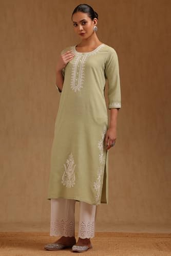 Soch Womens Sap Green Rayon Slub Embroidered Kurta with Thread Work