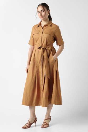 Women Yellow Ochre Solid Calf-Length Casual Dress