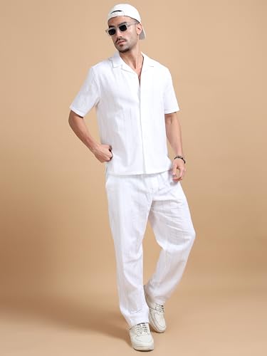 StitchX Men’s Airport Look Textured Seersucker Resort Cotton Shirt & Trouser Co-Ord Set Bright White M