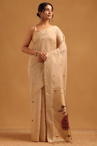 Soch Womens Beige Chanderi Bird Motifs Zari Woven Saree