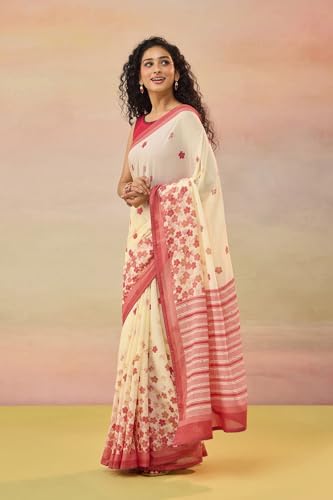 Taneira Women Light Yellow Cotton Mulmul Bengal Screen Print Saree with Unstitched Blouse (SAIP01AD4408 - Light Yellow)