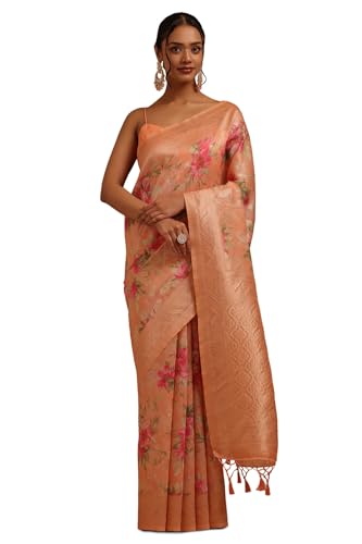 Soch Womens Peach Chanderi Floral Zari Woven Saree