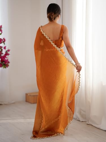 AKHILAM Women's Orange Chiffon Embellished Saree With Unstitched Blouse Piece (FNPATTI1004_AB)