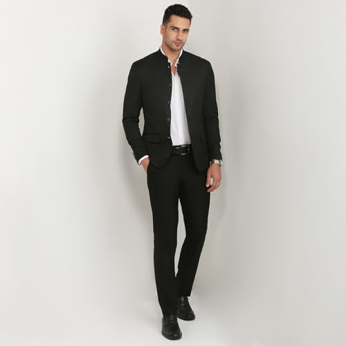 Raymond Men Regular Fit Solid Pattern Poly Viscose Elastane Blend Stand Collar Full Sleeve Ceremonial Jacket (Size: 44)-RIJI00123-K8 Black