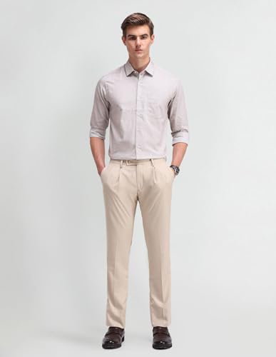 Arrow Men's Beige Solid Mid Rise Polyester Hook and Bar Slim Pleated Front Slant Pocket Trousers (ARAITR2144_Beige_36)