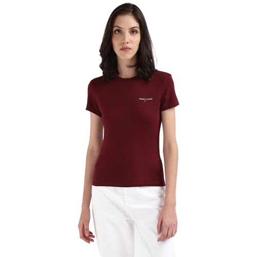 Tommy Hilfiger Wine Cotton Solid Women Slim Fit T-Shirt