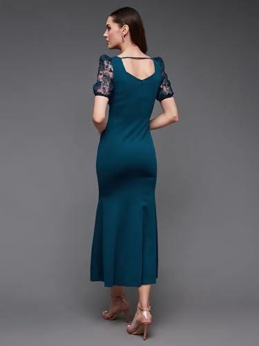 Miss Chase Women's Square Neck Short Puff Sleeve Self Design Lace Overlaid Bodycon Maxi Dress (MCAW25D87-01-UVE-04, Harbor Teal, M)