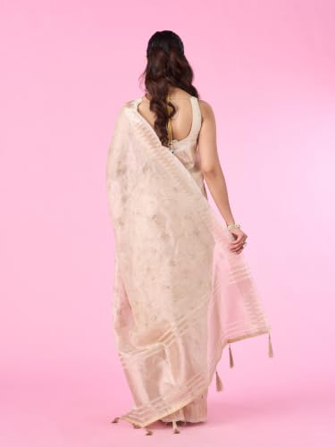 MOHEY Women's Art Silk Stone Work, Woven & Cutdana Work Saree with Blouse Piece (Cream)