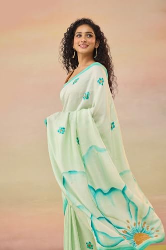 Taneira Women Light Blue Silk Bengal Hand Paint Embroidery Saree with Unstitched Blouse (SAIH06AD4380 - Light Blue)