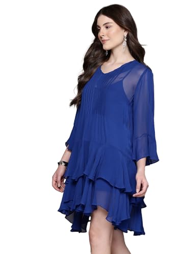Label RITU KUMAR V Neck Full Sleeves Solid Short Dress with Inner Blue