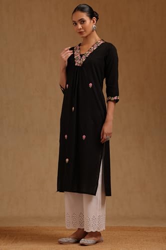 Soch Womens Black Cotton Dobby Embroidered Kurta with Thread Work