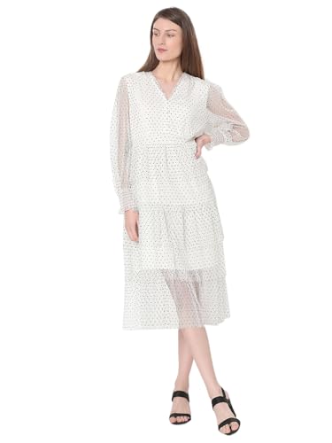 VERO MODA Women Polka Dots White Polyester Midi Length Fit and Flare Dress