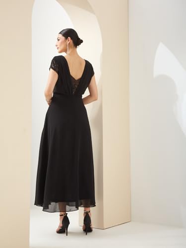 Latin Quarters Women Black V- Neck Short Sleeves A-Line Sequined Party Dress_XXL