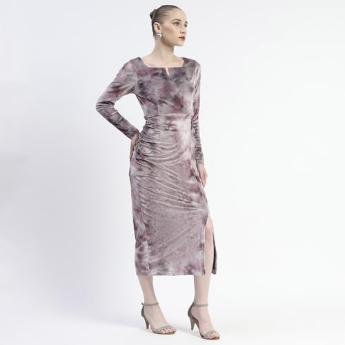 Madame Semi Sheer Side Slit Abstract Print Pink Dress