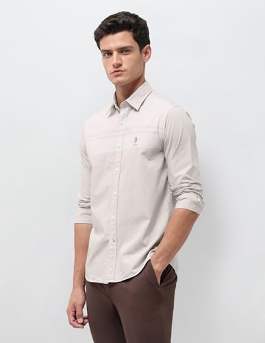U.S.Polo Association Men's Solid with Stripe Detail Regular Fit Shirt (USSHT3284_Beige_42)
