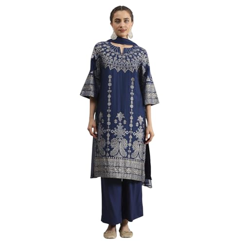 Biba Women Blue Polyester Blend Straight Printed Suit Set_46