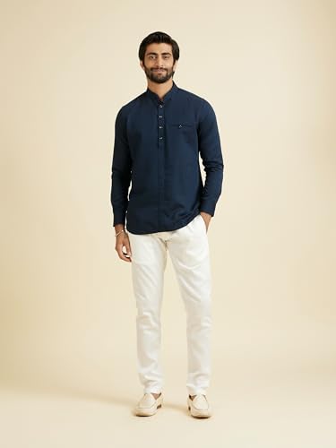 Manyavar Men's Cotton Bandhgala Collar Short Kurta(Dark Blue,M)