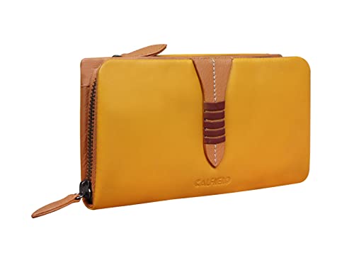 Calfnero Women's Genuine Leather Wallet-Long Purse Wallet with Multiple Card Slots, Zip Pocket with Note Compartments (Yellow)