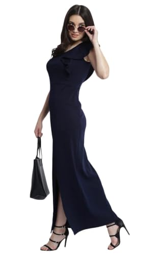 Miss Chase Women's Designer Navy Blue Solid Slitted One Shoulder Ruffled Maxi Dress with Zip Closure (MCAW17D10-37-71-04, Navy Blue, Medium)