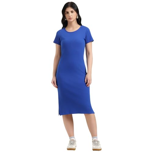 United Colors of Benetton Round Neck Solid Bodycon Dress (Size : M) - 26P3RYCD400YI19R Blue