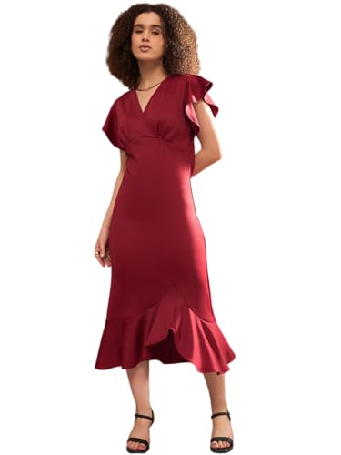Sassafras worklyf Women Maroon V-Neck Scuba Frill Midi Dress S