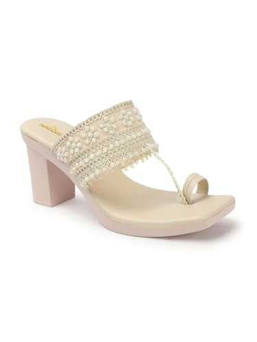 AROOM, Women's One Toe Block Heels Sandals Comfortable & Stylish Sandals for Women & Girls (Cream, UK Footwear Size System, Adult, Women, Numeric, Narrow, 8)