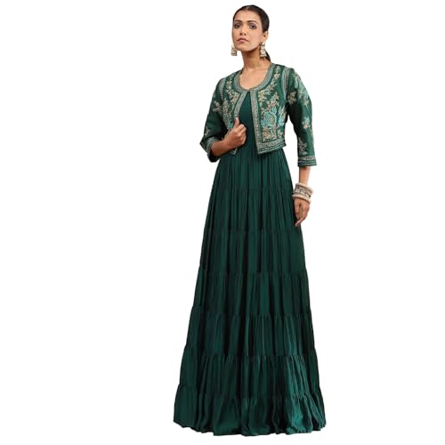 Biba Women Emerald Green Silk Festive Tiered Anarkali Dress_34