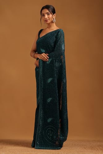 Soch Womens Blue Georgette Paisley Print Saree With Stone Work