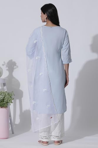 W for Woman Blue A-line Textured Cotton Embroidered Kurta, Pants with Dupatta Set_24ONWS10508-221412_3XL