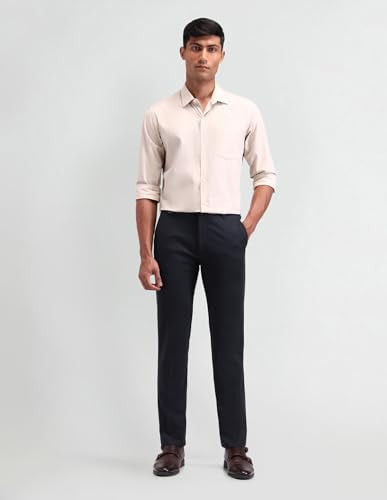 Arrow New York Men's Blue Self-Design Mid Rise Polyester Button Slim Fit Flat Front Slant Pocket Trousers (ANAITR2272_Blue_40)