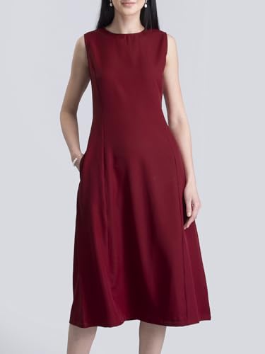 FableStreet Women's Polyester Stylised Neck A Line Midi Dress - Red