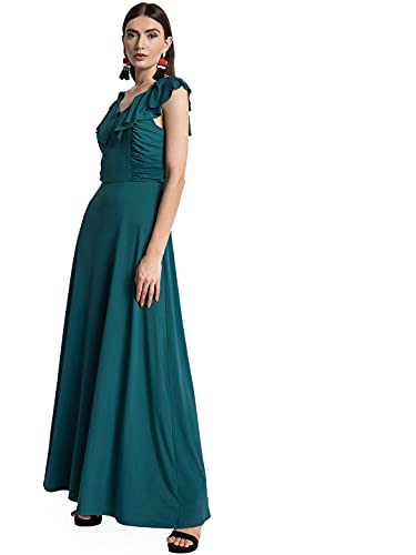 Kazo Women's Polyester A-Line Maxi Casual Dress (118812EVRGRNS_Dark Green_S)