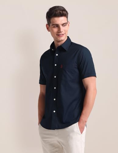 U.S. POLO ASSN. Mens Half Sleeve Oxford Stretch Shirts (USSHTC0046H_Navy_L)