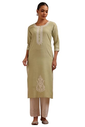 Soch Womens Sap Green Rayon Slub Embroidered Kurta with Thread Work
