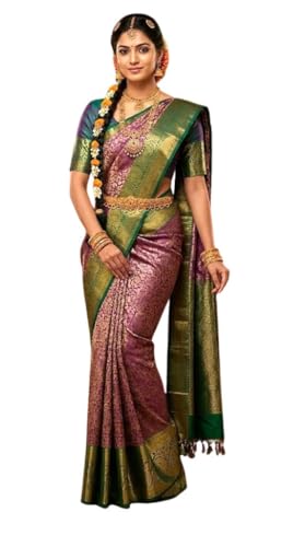 VFCollections Women's Traditional Handloom Kanchipuram Silk Pure Pattu Sarees | Rich Zari Woven Design | Unstitched Blouse (Vfc297-1), Multi