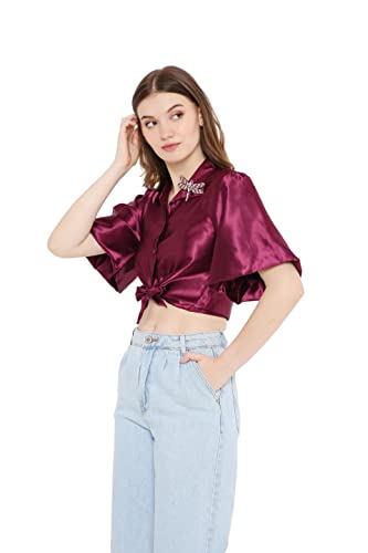 OJ Women's Purple Tie-up Crop Shirt (Medium)