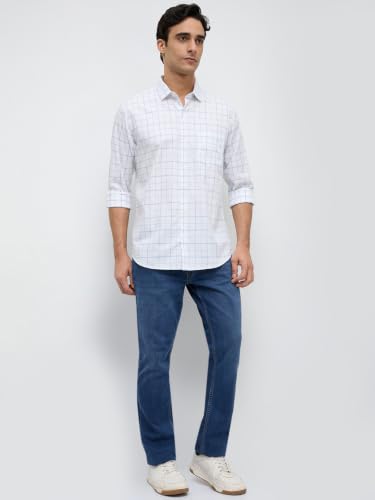 Park Avenue Men Slim Fit Checks Pattern Pure Cotton Short Collar Full Sleeve Casual Shirt Blue