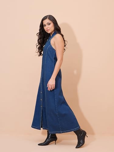 Sassafras Women Blue Denim Button Down Halter Neck Maxi Dress-L