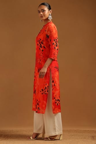 Soch Womens Orange Chinon Floral Kurta