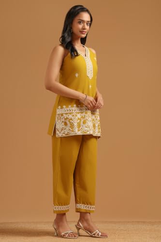 Soch Womens Mustard Cotton Embroidered Botanical Sequence Work Kurta Set