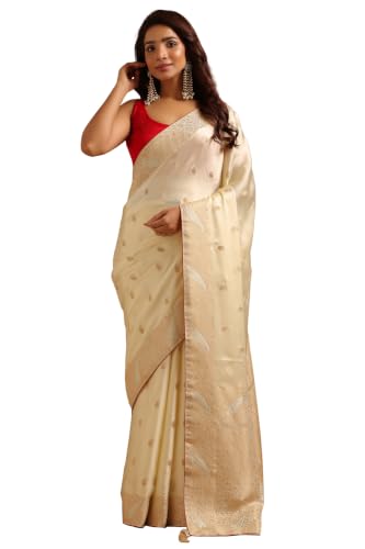 Soch Womens Cream Satin Paisley Zari Woven Saree