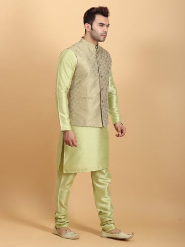 Ethluxis Men's Silk Blend Floral Kurta Pyjama Jacket Set (44, Lime), Green