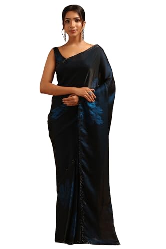Soch Womens Blue Organza Floral Saree With Stone Work