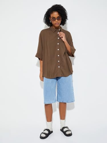 Max URB_N Women Textured Loose Fit Shirt (Brown_XS)