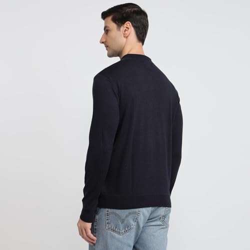 Raymond Men Contemporary Fit Structure Pattern Merino Wool Acrylic Blend Polo Neck Full Sleeve Casual Sweater Blue