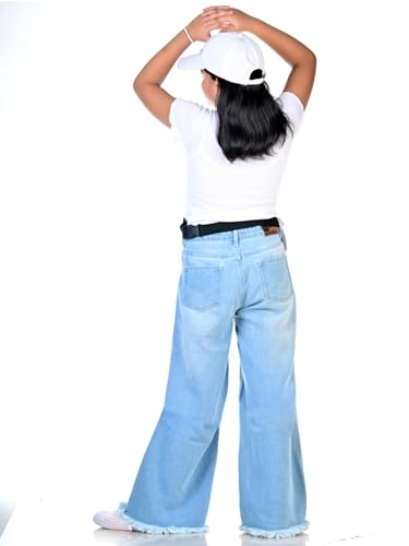 Knit N Knot Girls' Kids Premium Ice, Light Blue Wide Leg Flared Fit Relaxed Loose high Waist Ripped Ruptured Jeans | Casual Festival Occassional wear | Non Stretch | Frayed Bottom | Adjustable Waist